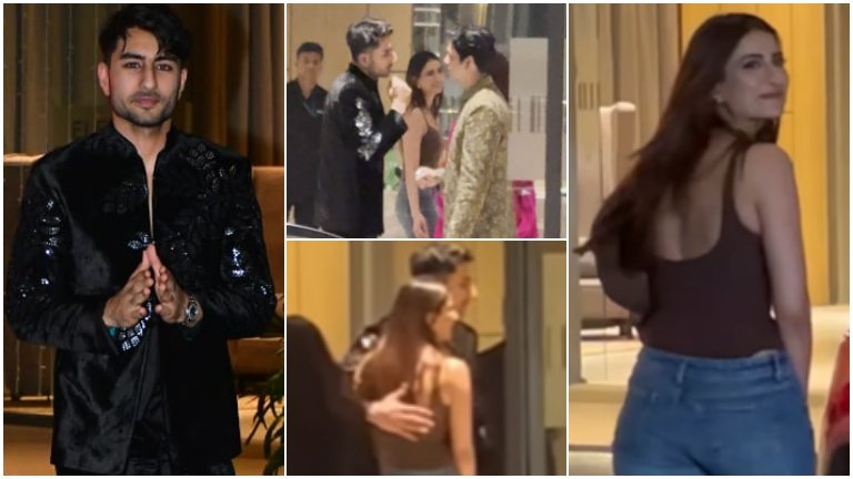 Ibrahim Ali Khan cutely hugs rumoured girlfriend Palak Tiwari as she comes to meet him at Abu Jani Sandeep Khosla’s Diwali party- WATCH
